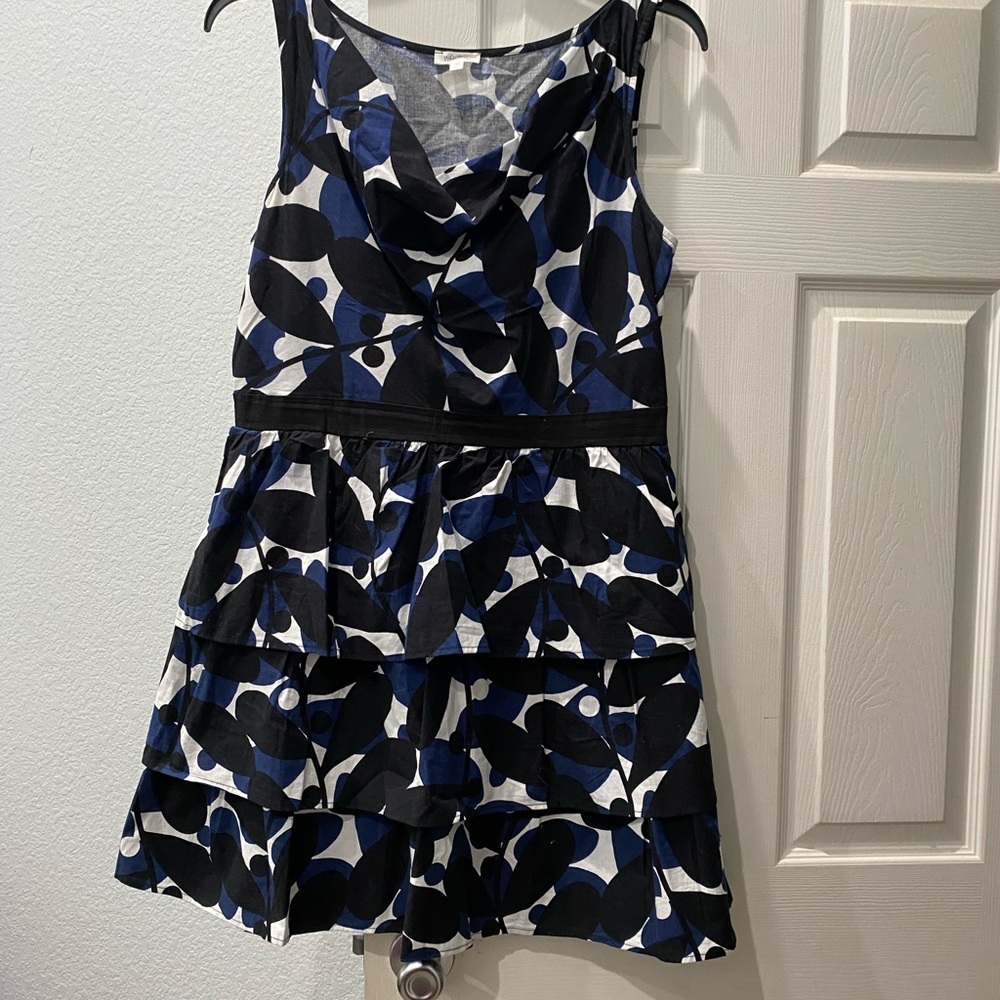 A Weston black, blue and white sleeveless dress. Front and back with ruffles